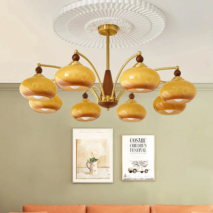 Retro Calliope Kroonluchter – Metalen Hanglamp met Glazen Kappen – 3, 5 of 8 Lichtpunten – Klassiek Vintage Design voor Eetkamer en Woonkamer
