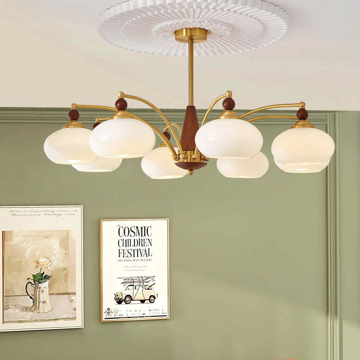 Retro Calliope Kroonluchter – Metalen Hanglamp met Glazen Kappen – 3, 5 of 8 Lichtpunten – Klassiek Vintage Design voor Eetkamer en Woonkamer