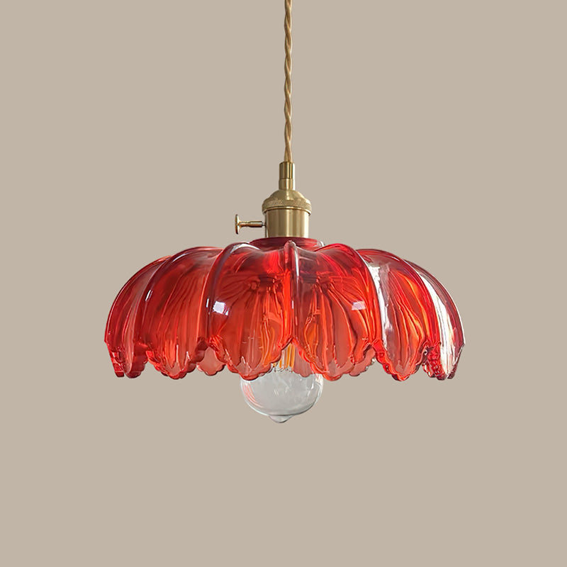 Retro Hanglamp met Bloembladkap en Messing Armatuur – Vintage Elegantie in Zes Glaskleuren – Enkele of Drievoudige Lichtpunten