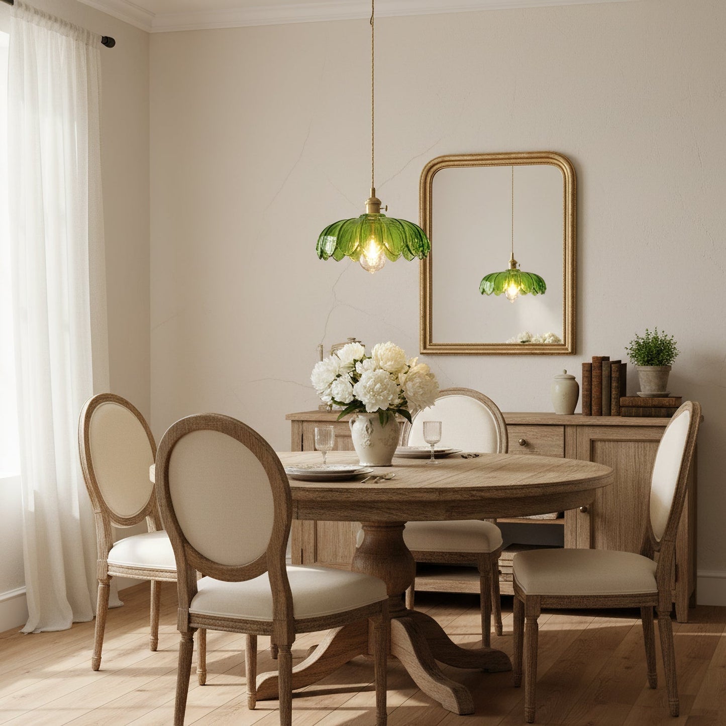 Retro Hanglamp met Bloembladkap en Messing Armatuur – Vintage Elegantie in Zes Glaskleuren – Enkele of Drievoudige Lichtpunten
