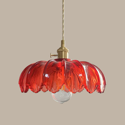 Retro Hanglamp met Bloembladkap en Messing Armatuur – Vintage Elegantie in Zes Glaskleuren – Enkele of Drievoudige Lichtpunten