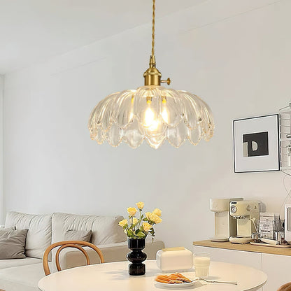 Retro Hanglamp met Bloembladkap en Messing Armatuur – Vintage Elegantie in Zes Glaskleuren – Enkele of Drievoudige Lichtpunten