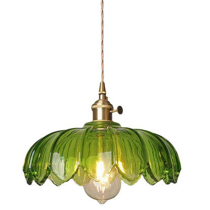 Retro Hanglamp met Bloembladkap en Messing Armatuur – Vintage Elegantie in Zes Glaskleuren – Enkele of Drievoudige Lichtpunten