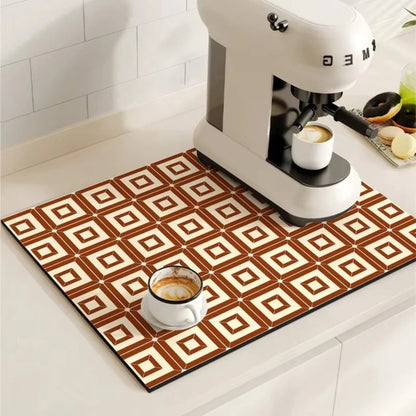 Retro Design Absorberend Koffiemat – Sneldrogend Waterbestendig Rubber – Vintage Tegelmotief Droogmat voor Koffiehoek Aanrecht Vaatdroger