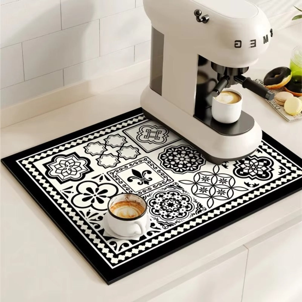 Retro Design Absorberend Koffiemat – Sneldrogend Waterbestendig Rubber – Vintage Tegelmotief Droogmat voor Koffiehoek Aanrecht Vaatdroger