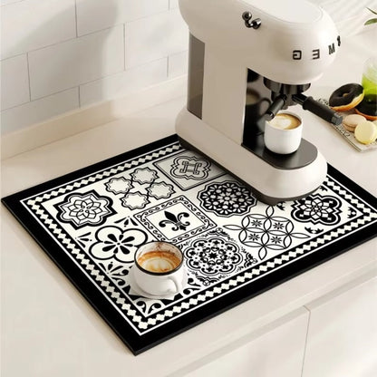 Retro Design Absorberend Koffiemat – Sneldrogend Waterbestendig Rubber – Vintage Tegelmotief Droogmat voor Koffiehoek Aanrecht Vaatdroger