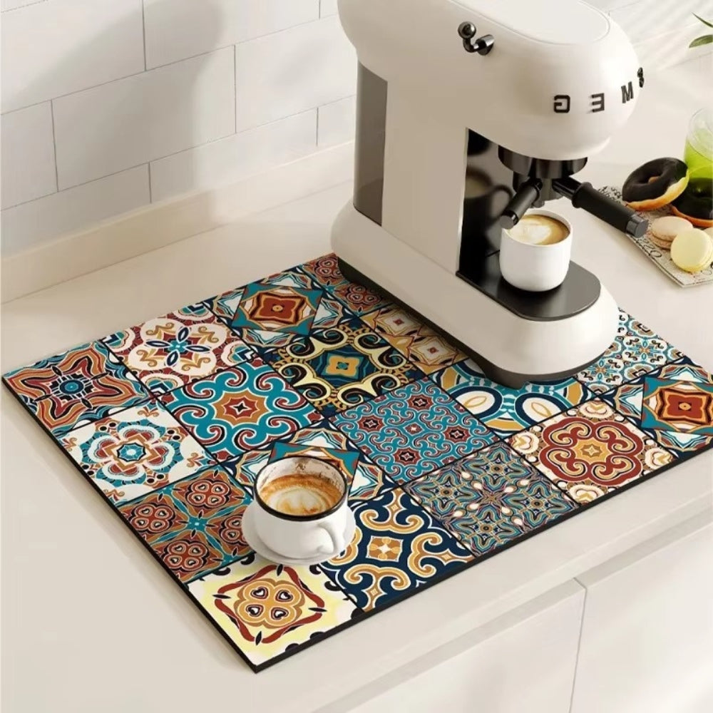 Retro Design Absorberend Koffiemat – Sneldrogend Waterbestendig Rubber – Vintage Tegelmotief Droogmat voor Koffiehoek Aanrecht Vaatdroger