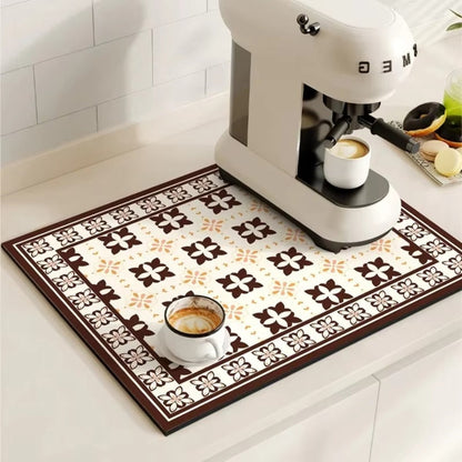 Retro Design Absorberend Koffiemat – Sneldrogend Waterbestendig Rubber – Vintage Tegelmotief Droogmat voor Koffiehoek Aanrecht Vaatdroger
