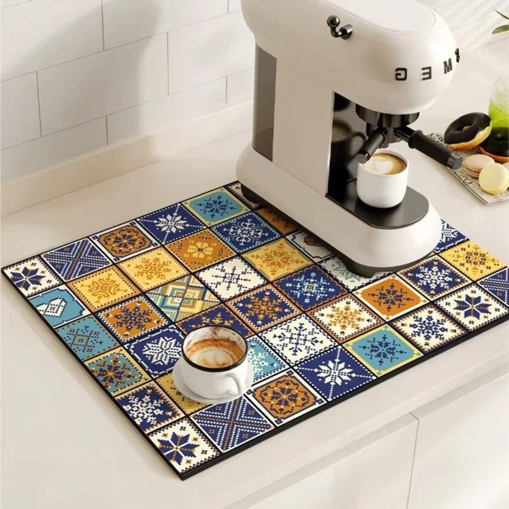 Retro Design Absorberend Koffiemat – Sneldrogend Waterbestendig Rubber – Vintage Tegelmotief Droogmat voor Koffiehoek Aanrecht Vaatdroger
