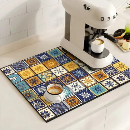 Retro Design Absorberend Koffiemat – Sneldrogend Waterbestendig Rubber – Vintage Tegelmotief Droogmat voor Koffiehoek Aanrecht Vaatdroger