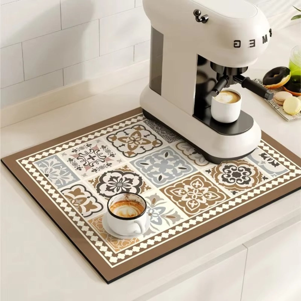 Retro Design Absorberend Koffiemat – Sneldrogend Waterbestendig Rubber – Vintage Tegelmotief Droogmat voor Koffiehoek Aanrecht Vaatdroger