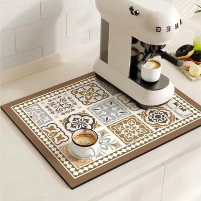 Retro Design Absorberend Koffiemat – Sneldrogend Waterbestendig Rubber – Vintage Tegelmotief Droogmat voor Koffiehoek Aanrecht Vaatdroger