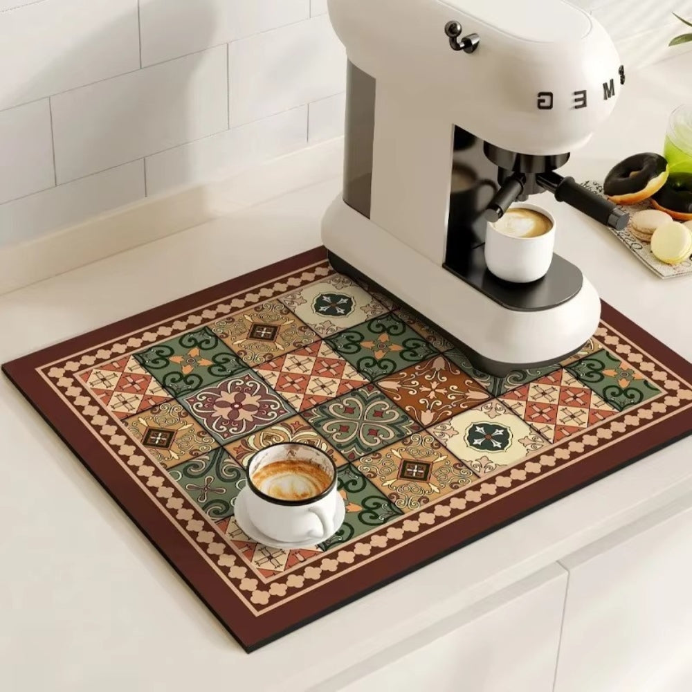 Retro Design Absorberend Koffiemat – Sneldrogend Waterbestendig Rubber – Vintage Tegelmotief Droogmat voor Koffiehoek Aanrecht Vaatdroger