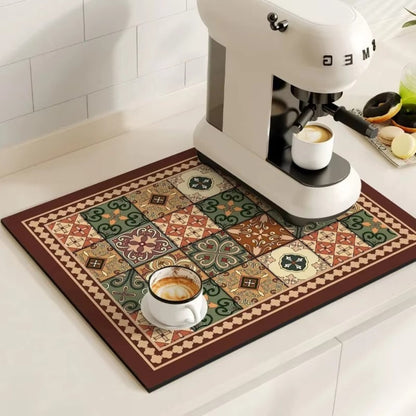 Retro Design Absorberend Koffiemat – Sneldrogend Waterbestendig Rubber – Vintage Tegelmotief Droogmat voor Koffiehoek Aanrecht Vaatdroger
