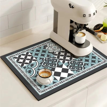 Retro Design Absorberend Koffiemat – Sneldrogend Waterbestendig Rubber – Vintage Tegelmotief Droogmat voor Koffiehoek Aanrecht Vaatdroger