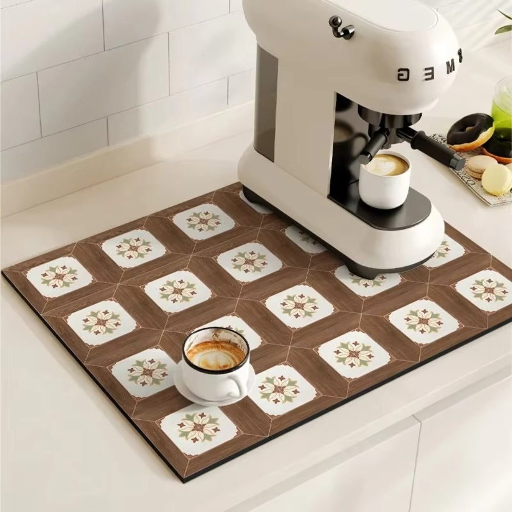 Retro Design Absorberend Koffiemat – Sneldrogend Waterbestendig Rubber – Vintage Tegelmotief Droogmat voor Koffiehoek Aanrecht Vaatdroger