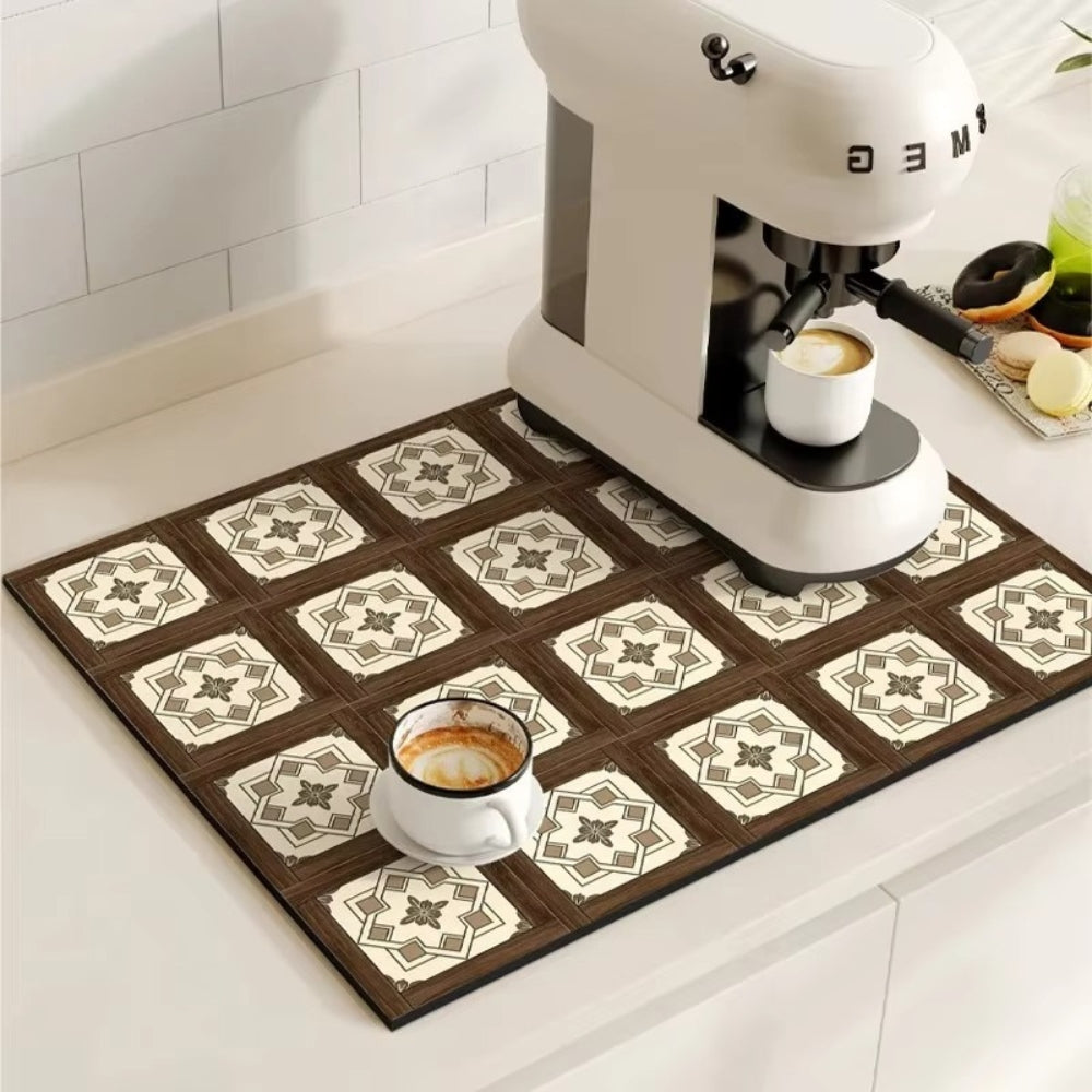 Retro Design Absorberend Koffiemat – Sneldrogend Waterbestendig Rubber – Vintage Tegelmotief Droogmat voor Koffiehoek Aanrecht Vaatdroger