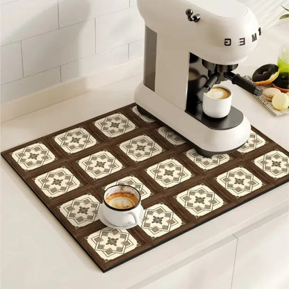Retro Design Absorberend Koffiemat – Sneldrogend Waterbestendig Rubber – Vintage Tegelmotief Droogmat voor Koffiehoek Aanrecht Vaatdroger