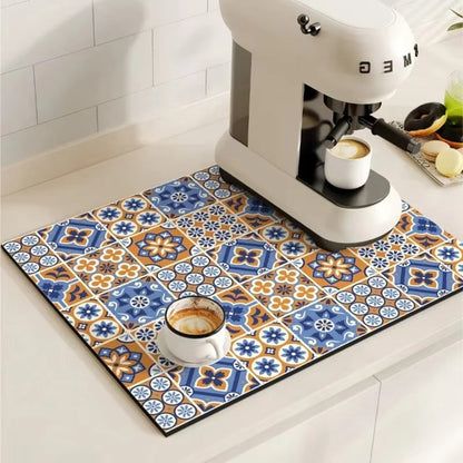 Retro Design Absorberend Koffiemat – Sneldrogend Waterbestendig Rubber – Vintage Tegelmotief Droogmat voor Koffiehoek Aanrecht Vaatdroger