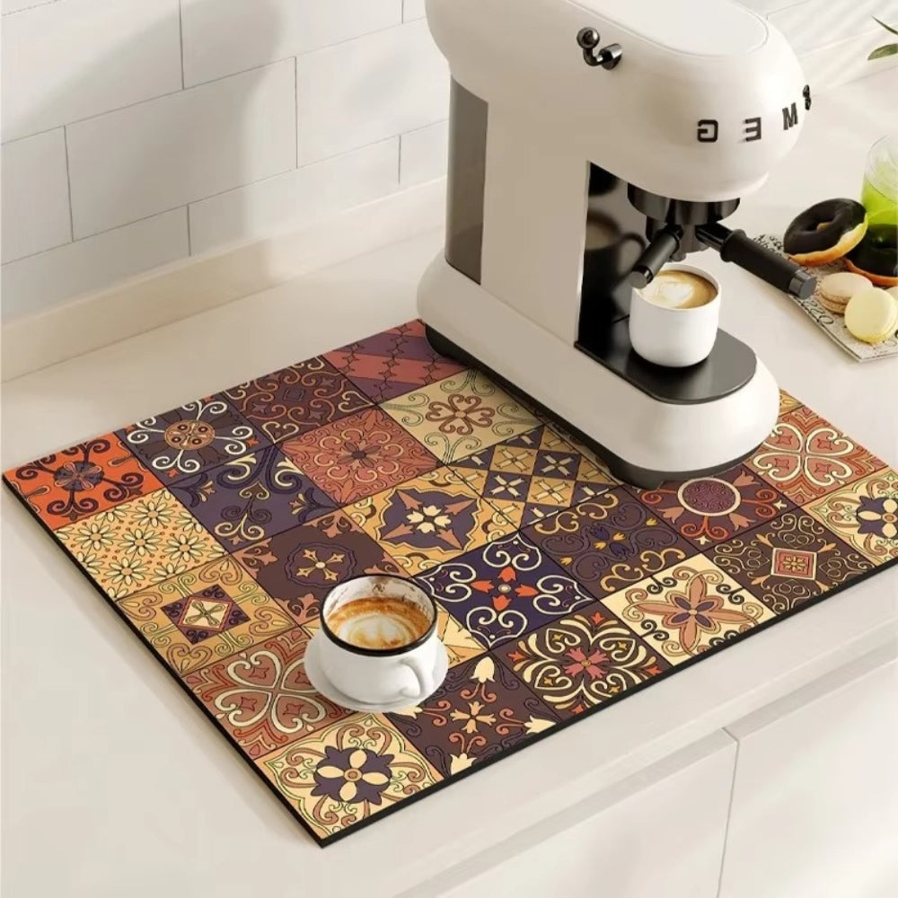 Retro Design Absorberend Koffiemat – Sneldrogend Waterbestendig Rubber – Vintage Tegelmotief Droogmat voor Koffiehoek Aanrecht Vaatdroger