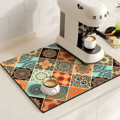 Retro Design Absorberend Koffiemat – Sneldrogend Waterbestendig Rubber – Vintage Tegelmotief Droogmat voor Koffiehoek Aanrecht Vaatdroger