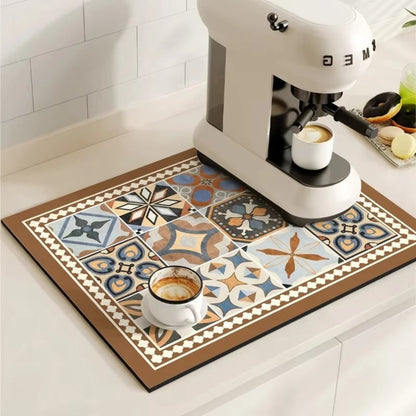 Retro Design Absorberend Koffiemat – Sneldrogend Waterbestendig Rubber – Vintage Tegelmotief Droogmat voor Koffiehoek Aanrecht Vaatdroger
