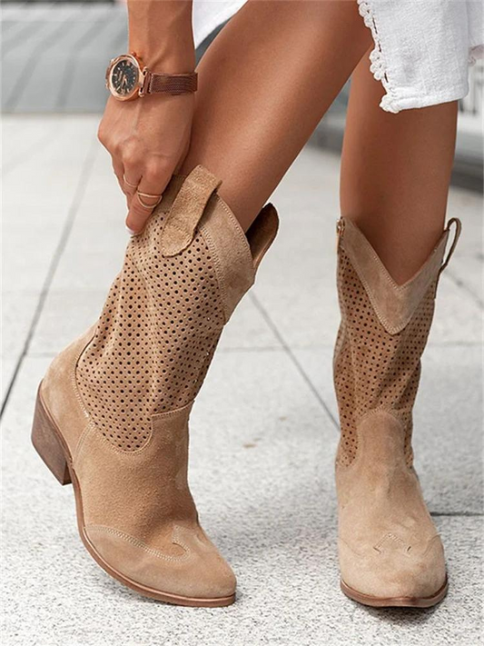 Leren Laarzen Dames Halflang Cowboystijl Comfortvoering Beige Bruin Zwart Wit Western Look