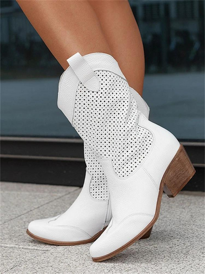 Leren Laarzen Dames Halflang Cowboystijl Comfortvoering Beige Bruin Zwart Wit Western Look