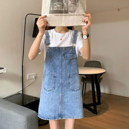Mouwloze Denim Overall Jurk Koreaans Design