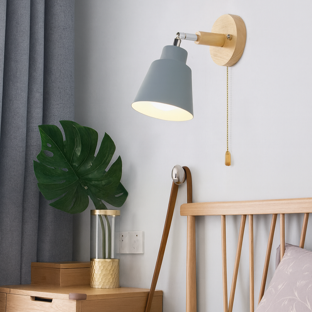 Wandlamp Metaal Hout Trekschakelaar 180° Draaibaar E27 Leeslamp Slaapkamer