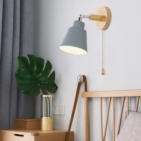 Wandlamp Metaal Hout Trekschakelaar 180° Draaibaar E27 Leeslamp Slaapkamer