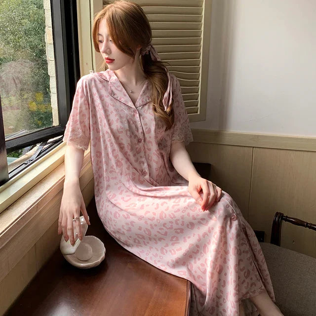 Slaapjurk Kant Leopard Print Rood Roze Vrouwelijk - StudioMarella