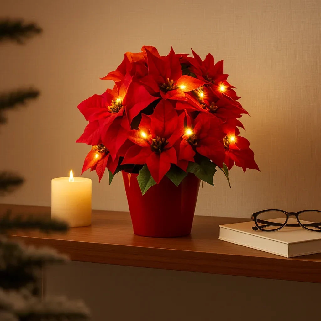 LED Bloesemverlichting Warmwit Kunstplant Tafellamp met Decoratieve Rode Bloemen 30cm