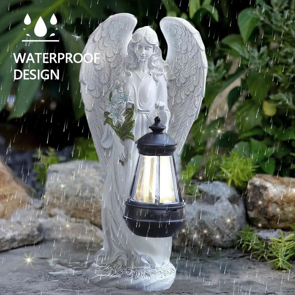 Engel Tuinbeeldje Zonne-energie LED Lantaarn 31cm Hars Automatisch Buiten Tuin Terras Patio Sfeerlamp Waterdicht Wit