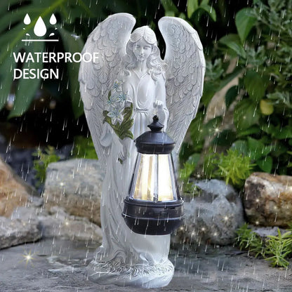 Engel Tuinbeeldje Zonne-energie LED Lantaarn 31cm Hars Automatisch Buiten Tuin Terras Patio Sfeerlamp Waterdicht Wit