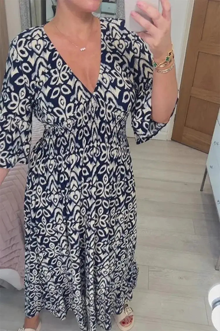 Boho Jurk voor Vrouw V-hals Plooien Zomerjurk