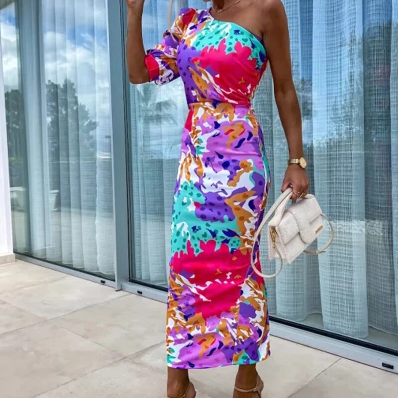 Vrouwelijke One-shoulder Jurk met Pofmouwen Elegante Stijl