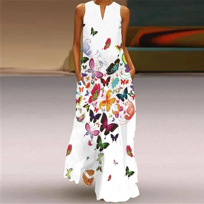 Lange Jurk voor Vrouw Retro Bloemenprint Zomerjurk