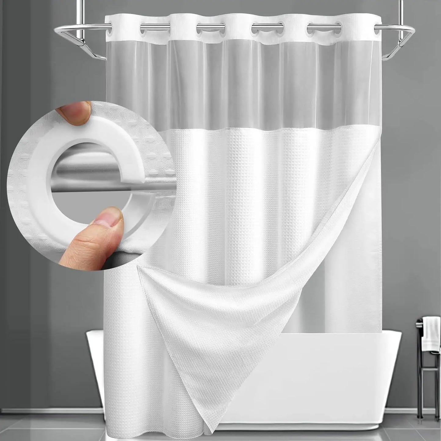 Douchegordijn zonder Ringen met Ingebouwde Liner – Wafeldoek voor Badkamer