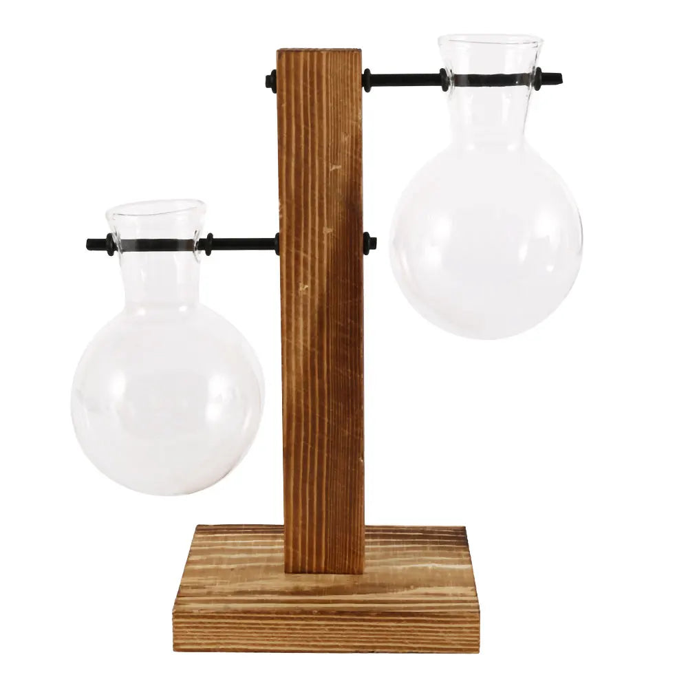 Glazen Vaas op Houten Standaard Decoratief Retro Hydroponics Plantenpot Transparant Glas Sfeeraccent voor Bloemen en Stekjes