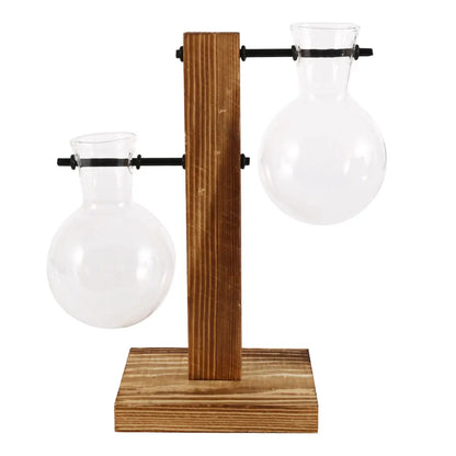 Glazen Vaas op Houten Standaard Decoratief Retro Hydroponics Plantenpot Transparant Glas Sfeeraccent voor Bloemen en Stekjes