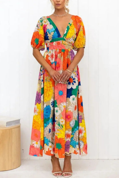 Jurk met Pofmouwen en Bloemenprint voor Vrouw