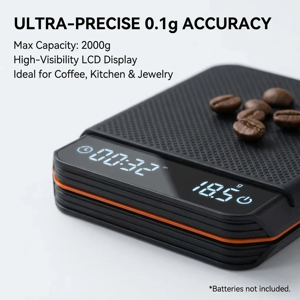 Koffieweegschaal Digitaal 2000g Oplaadbaar USB-C Timer Espresso Precisie 0,1g LED Compact Draagbaar Barista Keukenweegschaal