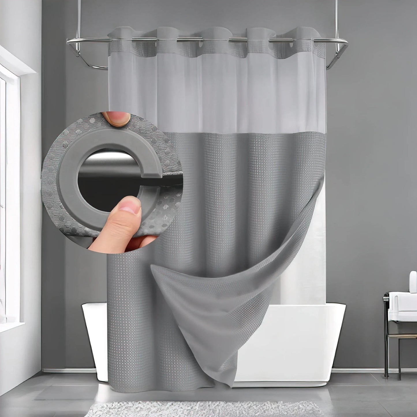 Douchegordijn zonder Ringen met Ingebouwde Liner – Wafeldoek voor Badkamer