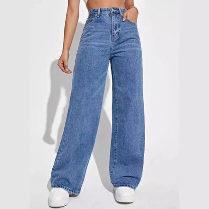Dames Wide Leg Jeans Hoge Taille Rechte Spijkerbroek