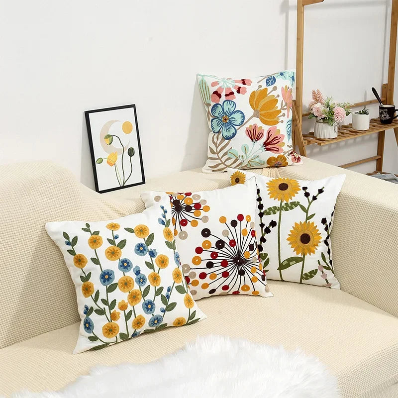 Kussenhoes 45x45cm Katoen Canvas Geborduurd Bloemen Wit Sierkussenhoes Bank Slaapkamer Landelijke Stijl Decoratief