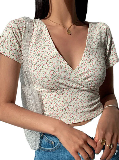 Zomerse Bloemen Top Vrouwelijke Stijl Korte Mouw