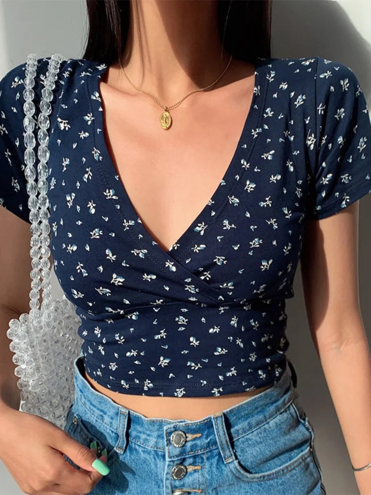 Zomerse Bloemen Top Vrouwelijke Stijl Korte Mouw