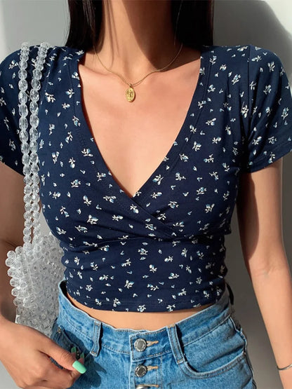 Zomerse Bloemen Top Vrouwelijke Stijl Korte Mouw