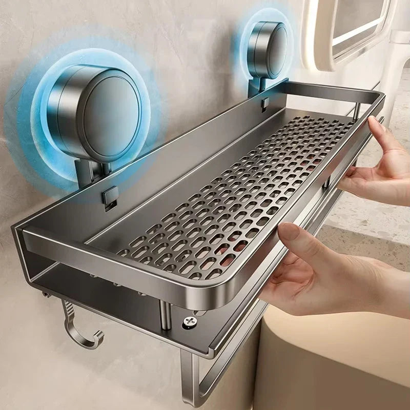 Wandrek Badkamer met Zuignappen 30-50 cm – Boorvrij Aluminium Doucheplank met Zijhaken voor Handdoeken